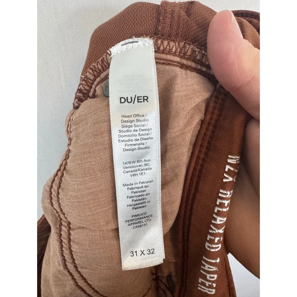 DU/ER N2X Relaxed Taper No Sweat Pant Rust‎ Brown Mens 31x32 Comfort Stretch
